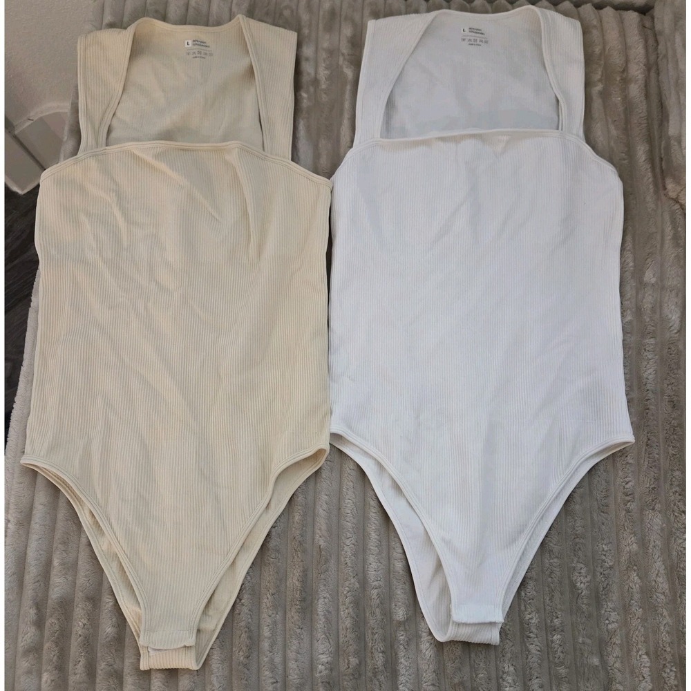 Set Of 2 Womens Ribbed Snatching Bodysuit Tummy Control White Beige Large